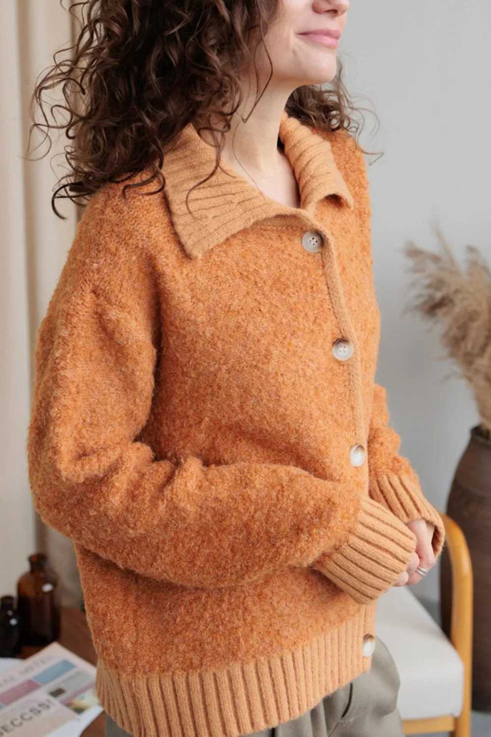 Collared Neck Button Down Long Sleeve Cardigan, image 3