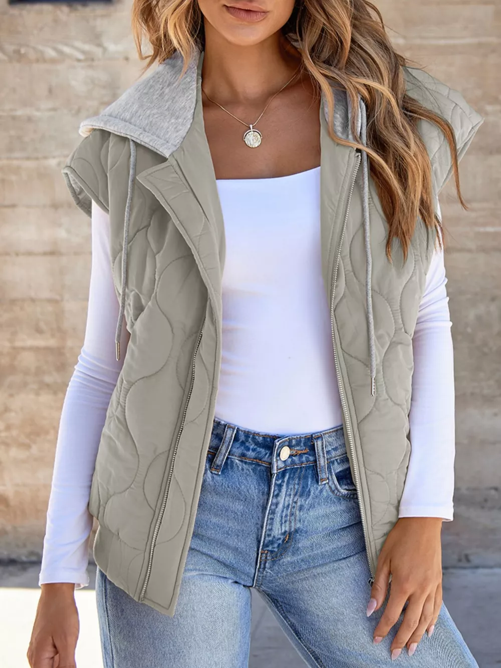 Quilted Drawstring Hooded Zip Up Puffer Vest, image 11