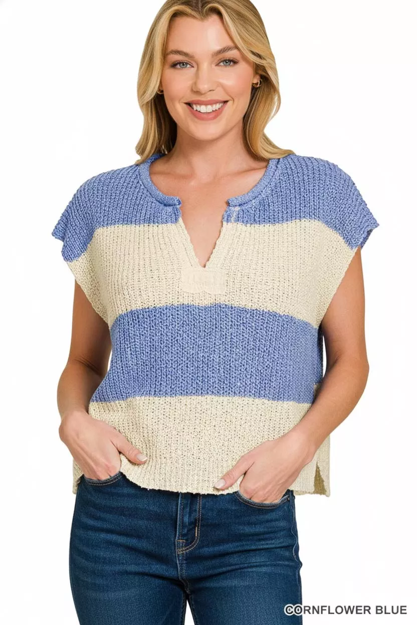 Split Neck Sleeveless Stripe Sweater, image 2