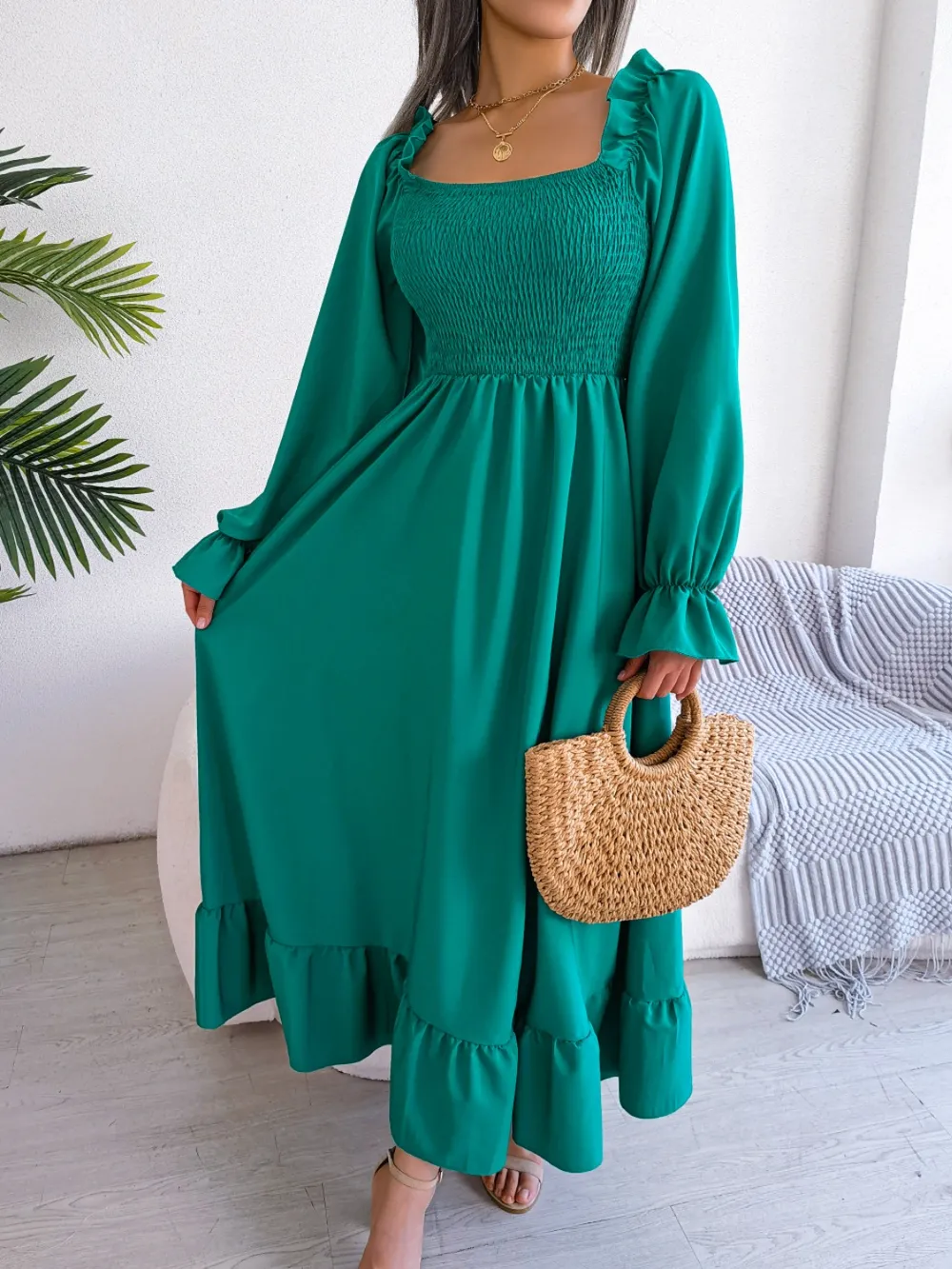 Smocked Square Neck Flounce Sleeve Dress, image 20