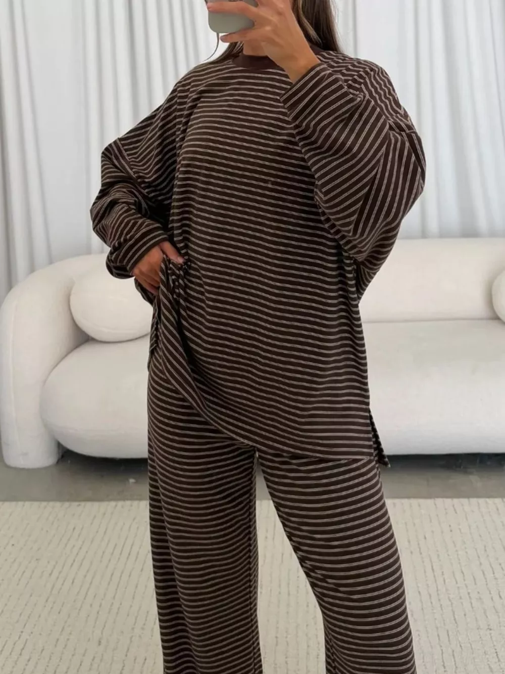 Striped Dropped Shoulder Top and Pants Lounge Set, image 6