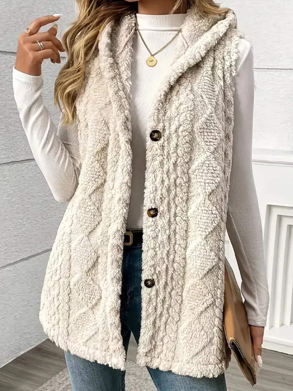 Button Up Plush Hooded Vest Coat, image 3