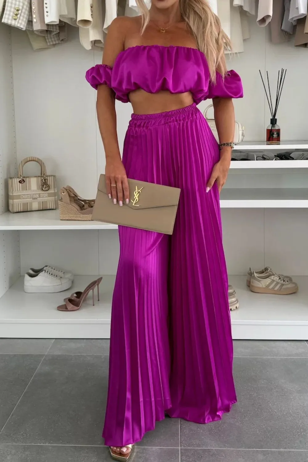 Off-Shoulder Top and Pleated Pants Set, image 16