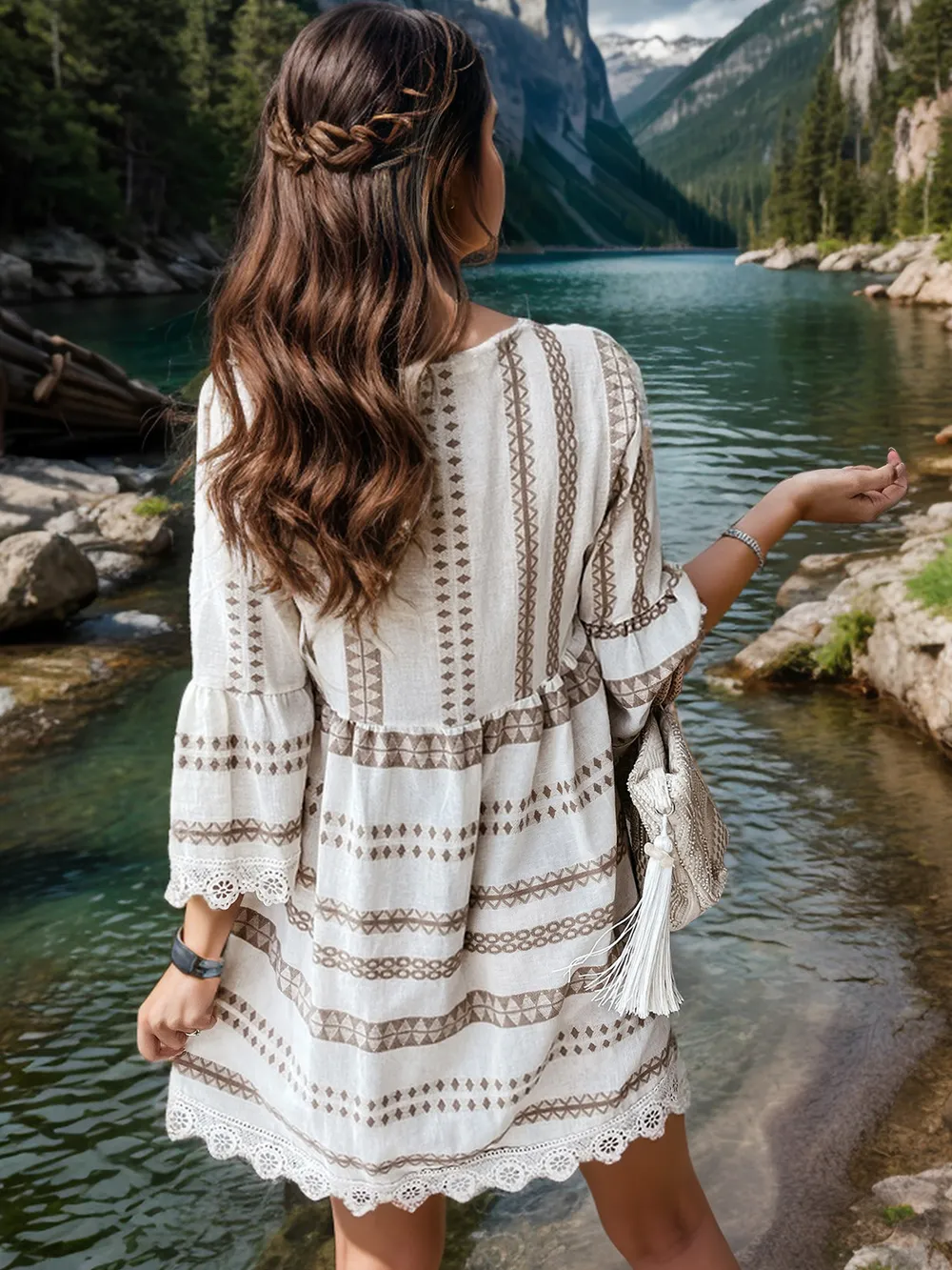 Lace Detail Printed Three-Quarter Sleeve Dress, image 6