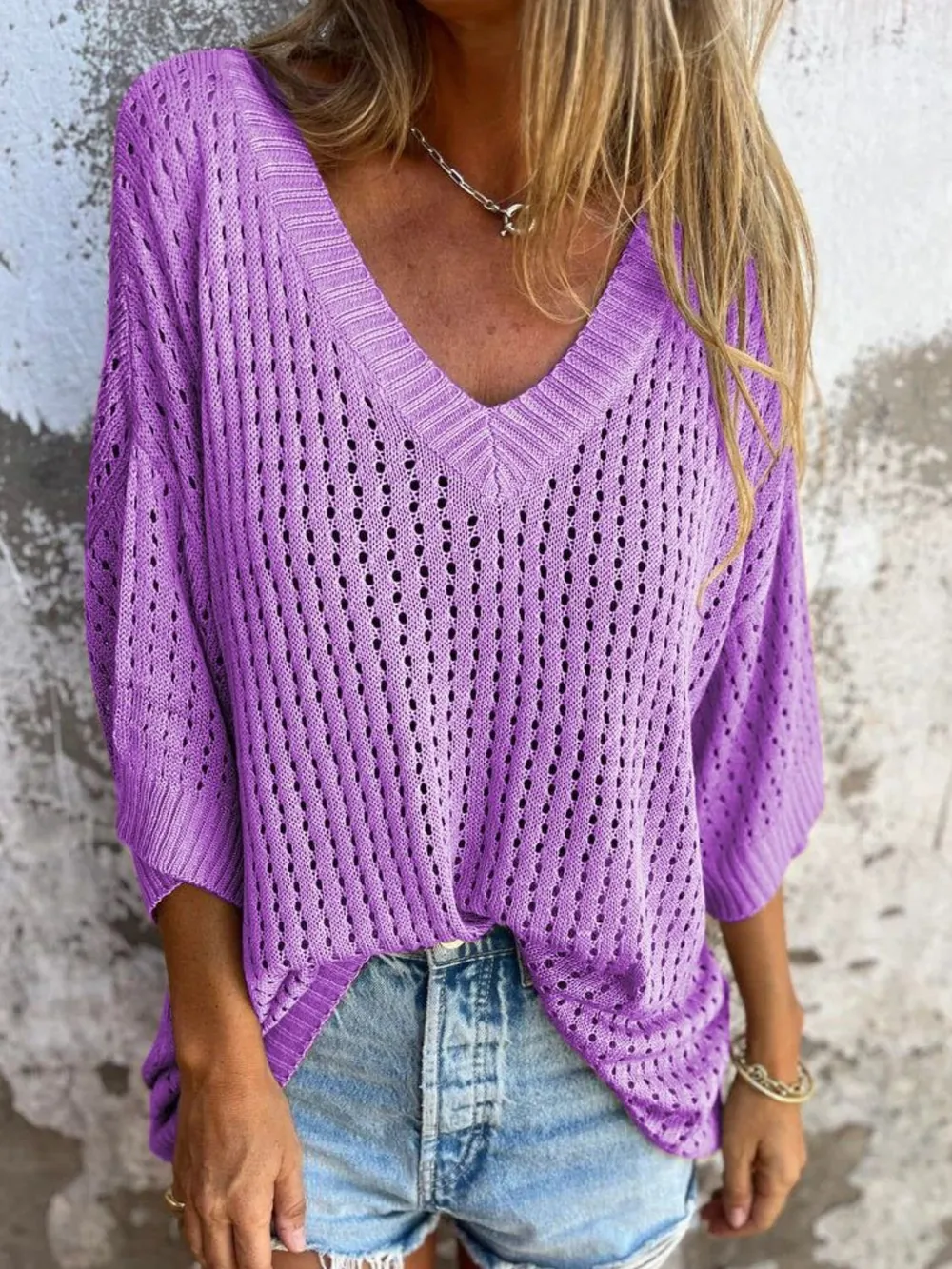 Full Size Openwork V-Neck Knit Cover Up Plus Size