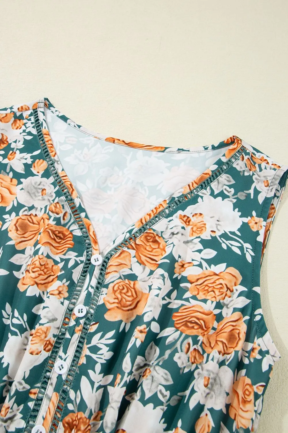 Floral Print Trimmed V Neck Tie Waist Sleeveless Dress, image 7