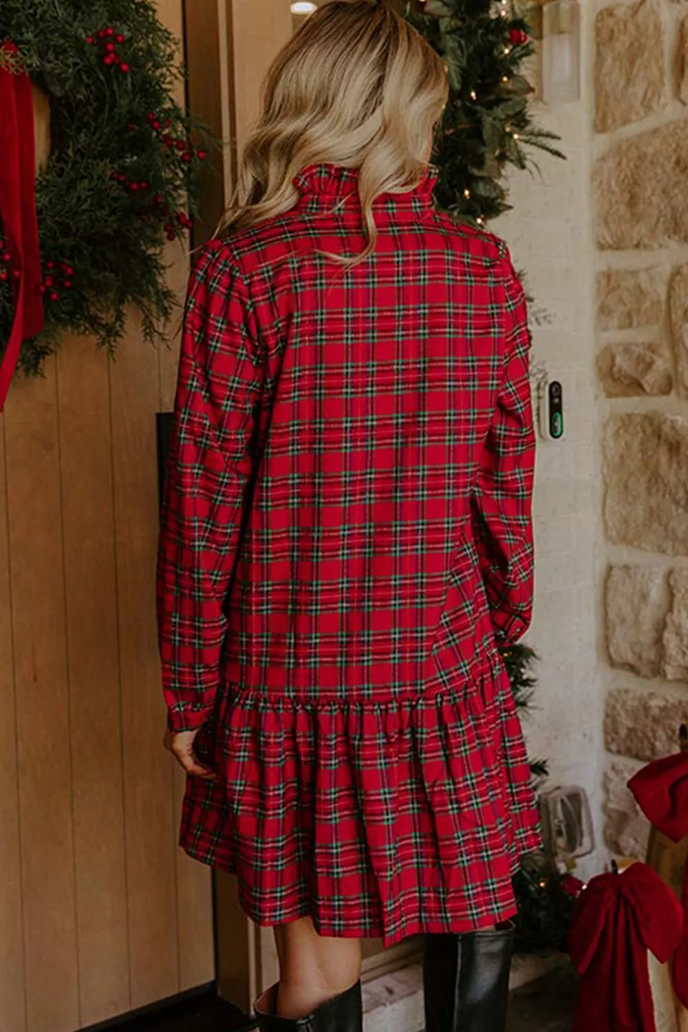Plaid Long Sleeve Mini Shift Silhouette Decoration Dress, image 5