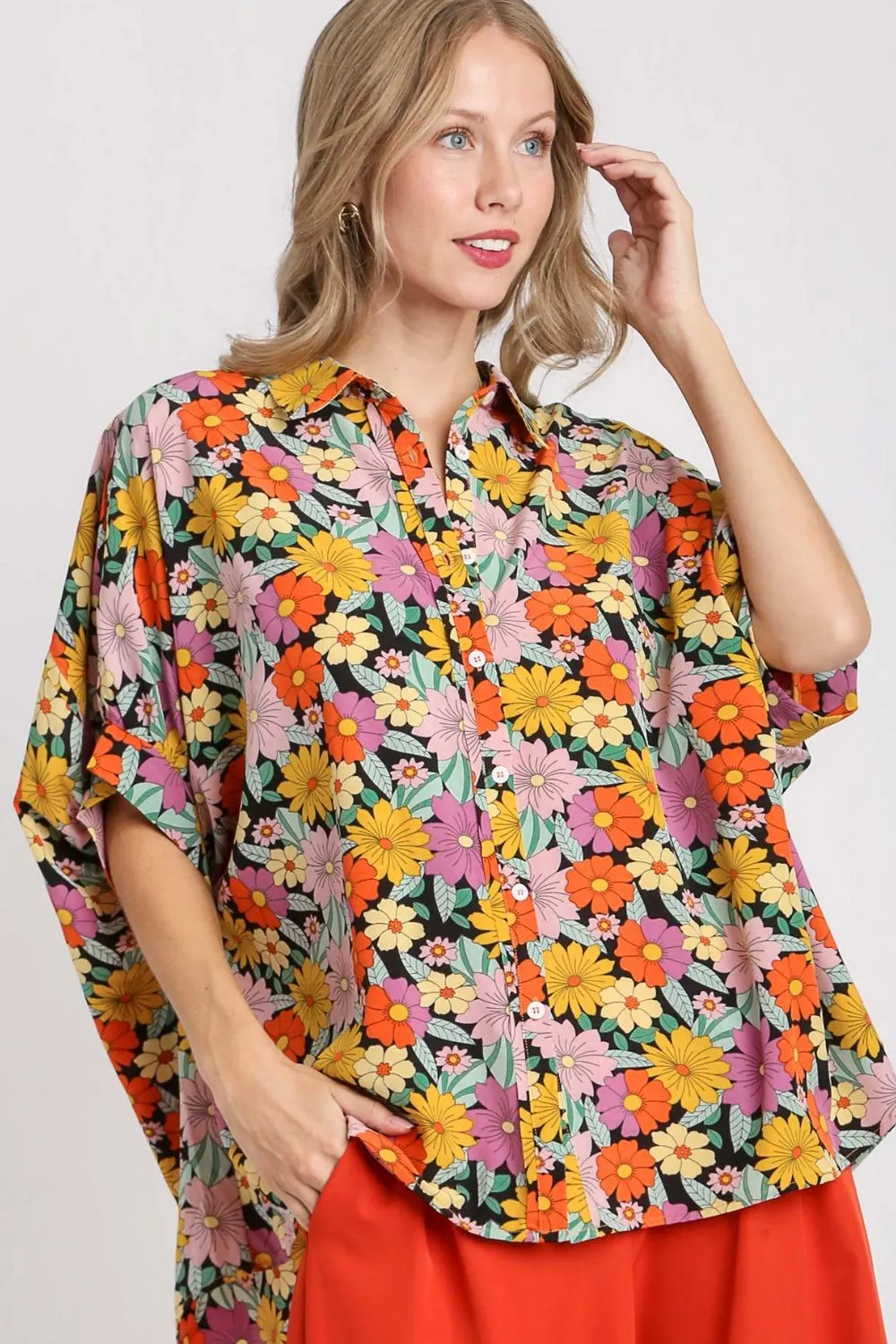 Full Size Flower Print Boxy Cut Button Down Shirt Plus Size