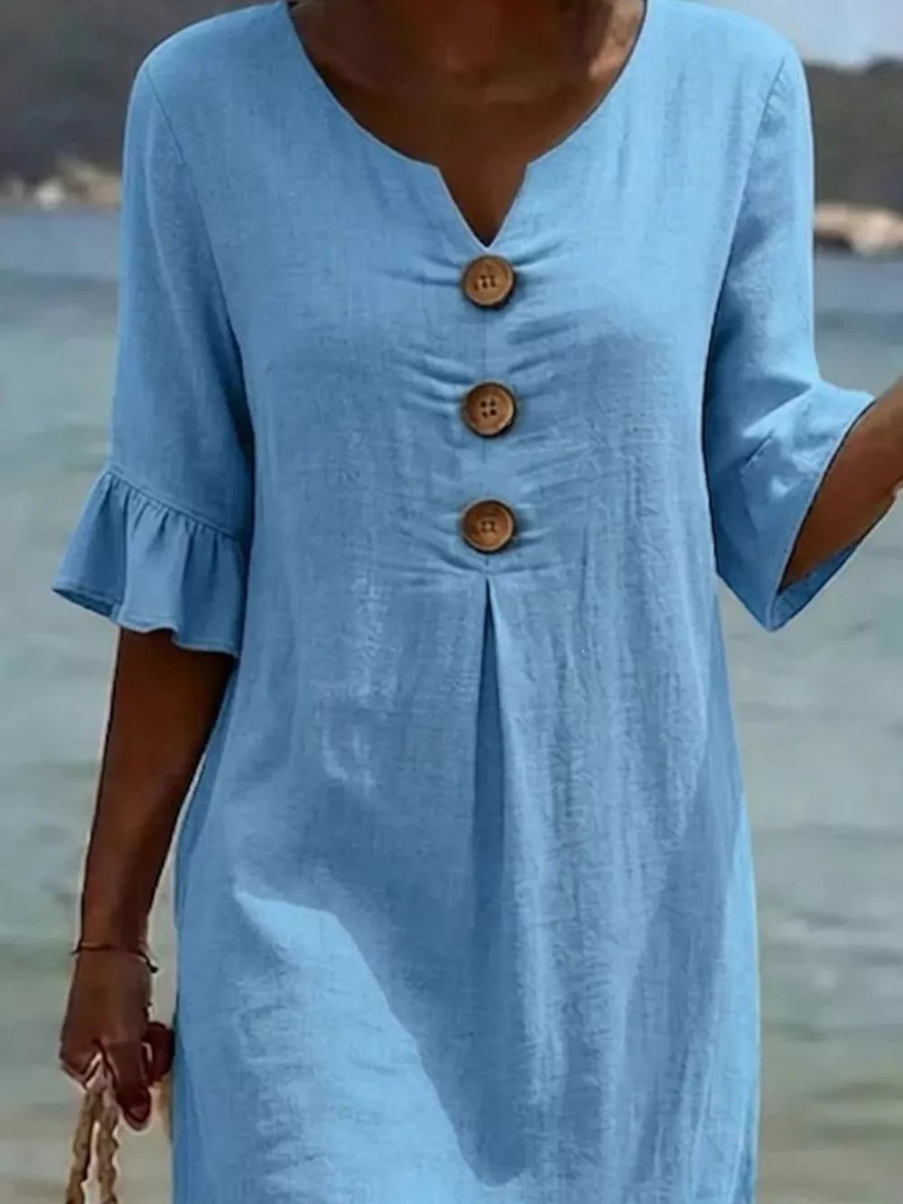 Full Size Button Decor Ruffle Sleeve Midi Dress Plus Size, image 5