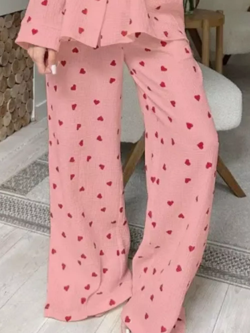Heart Print Button Up Top and Pants Lounge Set, image 6