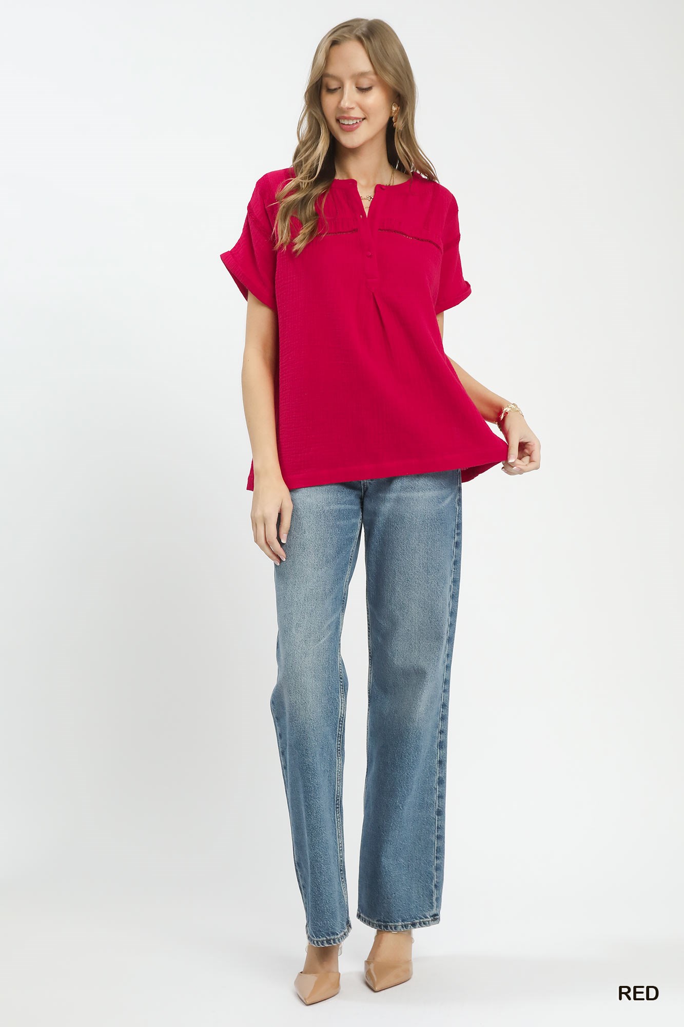 Textured Gauze Split-Neck Boho Blouse, image 5
