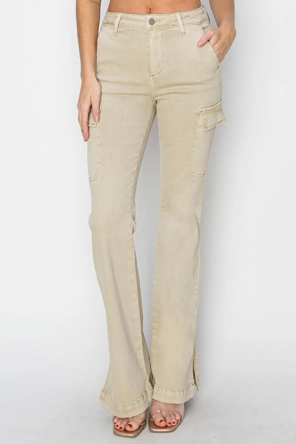 Full Size High Rise Side Slit Cargo Bootcut Jeans, image 6