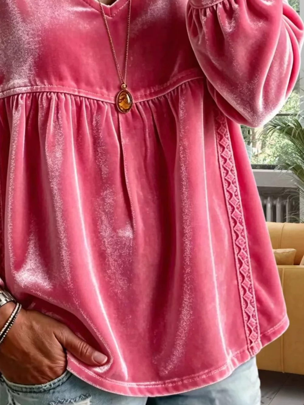 Full Size Velvet Lace Detail V-Neck Blouse Plus Size, image 22
