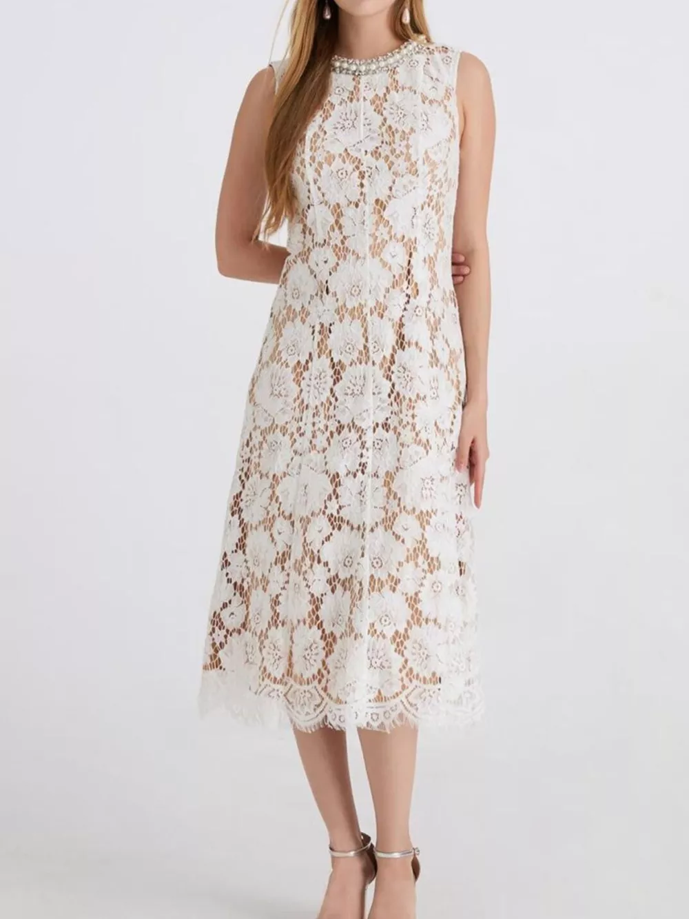 Pearl Neckline Sleeveless Lace Dress, image 6