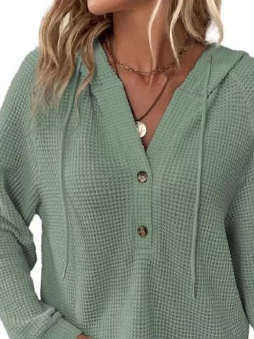 Full Size Button Detail Waffle Knit Hoodie Plus Size, image 17