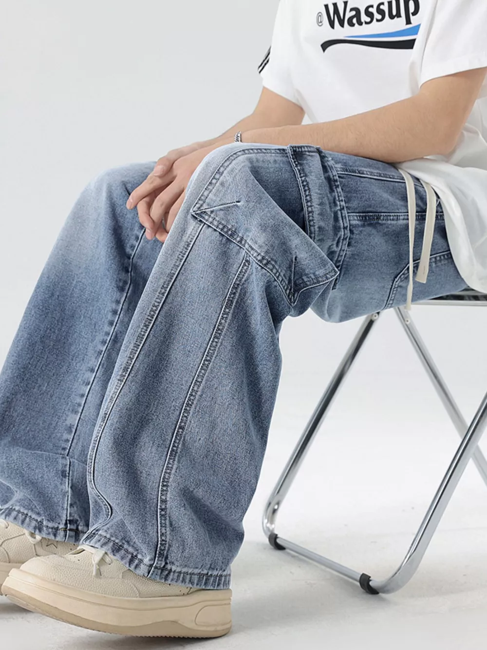 Men's Plus Size Wash Wide Leg Cargo Jeans, image 8