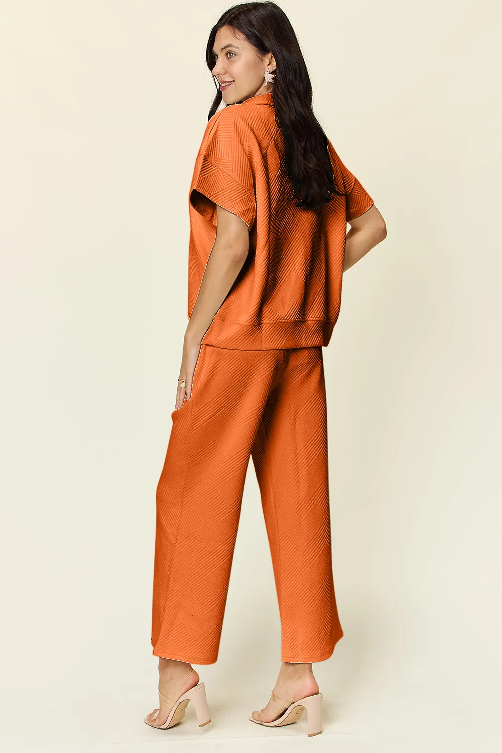Full Size Texture Half Zip Short Sleeve Top and Pants Set, image 22