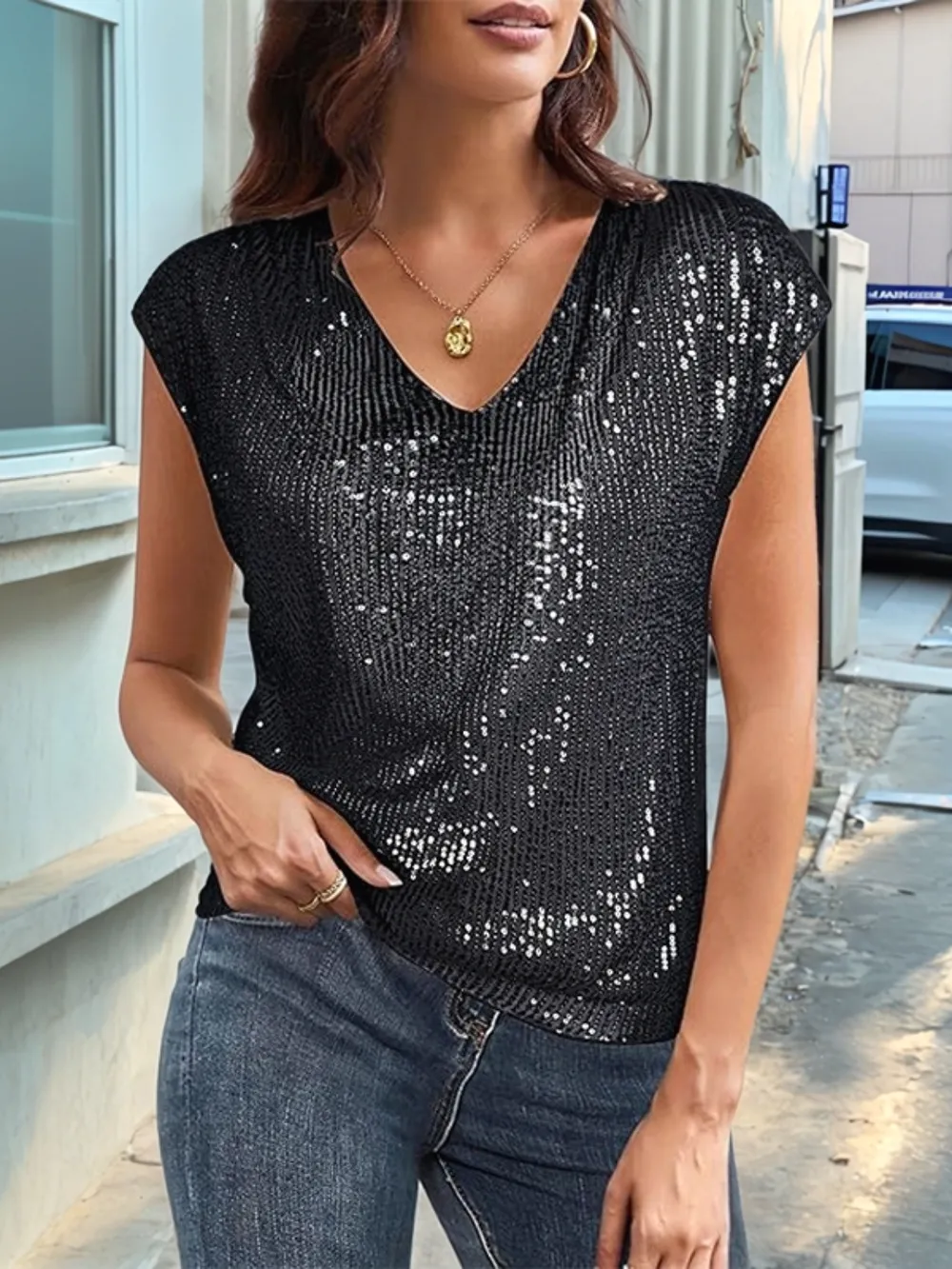 V-Neck Sequin Cap Sleeve Top