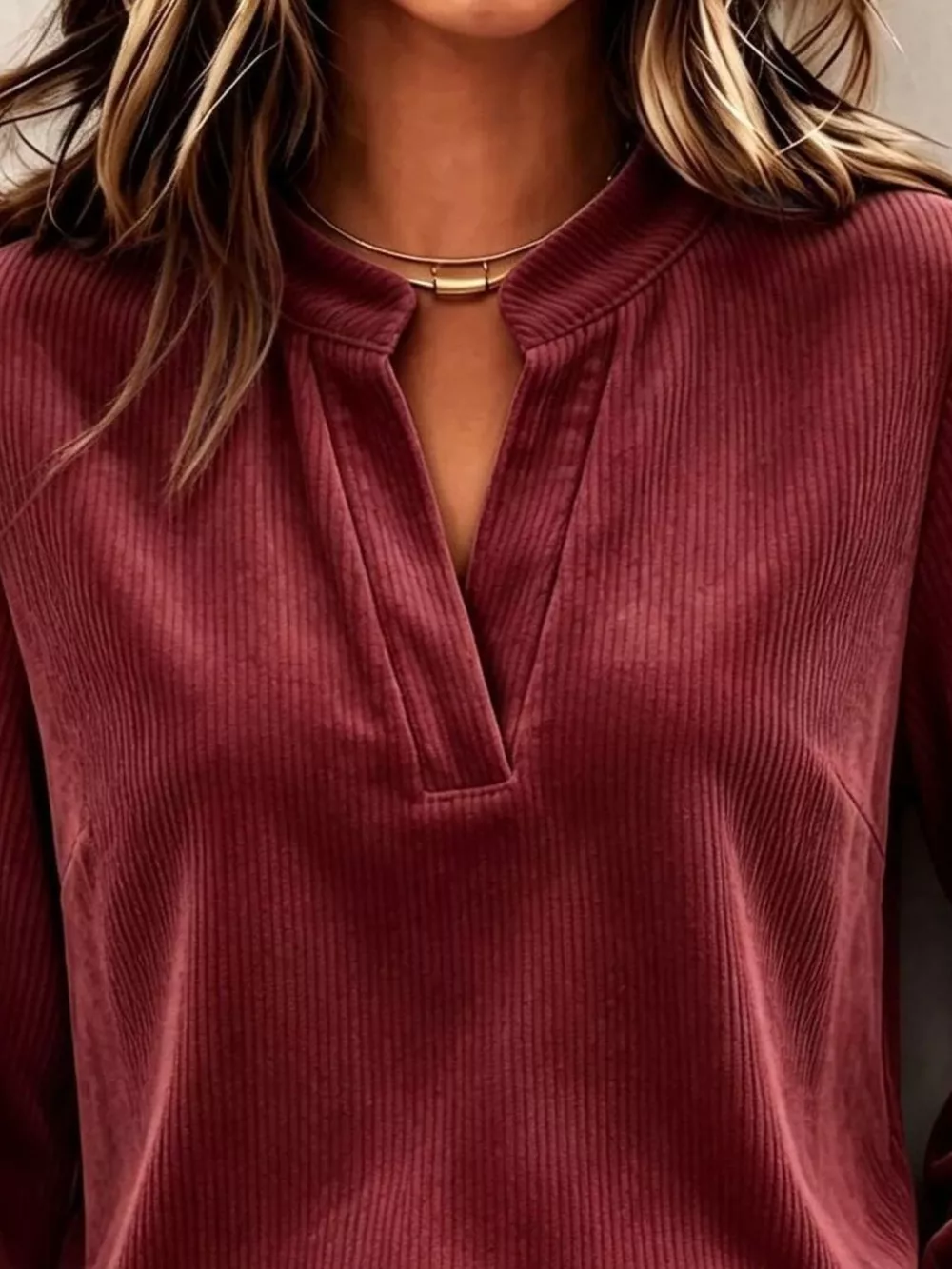 Full Size Corduroy Notched Long Sleeve Top Plus Size, image 11