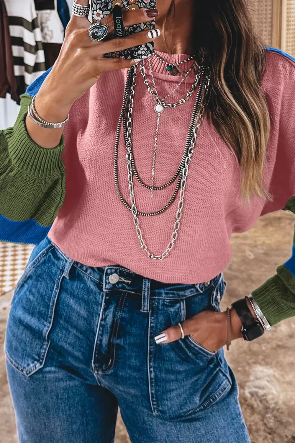 Multicolour Western Colorblock Patchwork Striped Long Sleeve Sweater, image 5