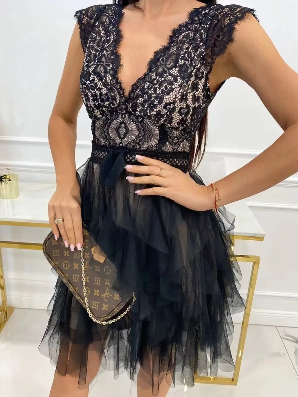 Lace V-Neck Ruffle Dress, image 6