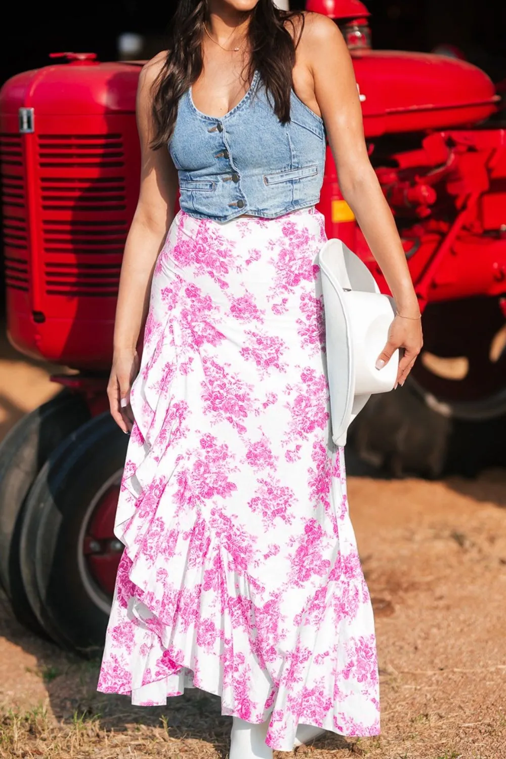 Boho Floral High Waist Ruffle Split Maxi Skirt, image 8