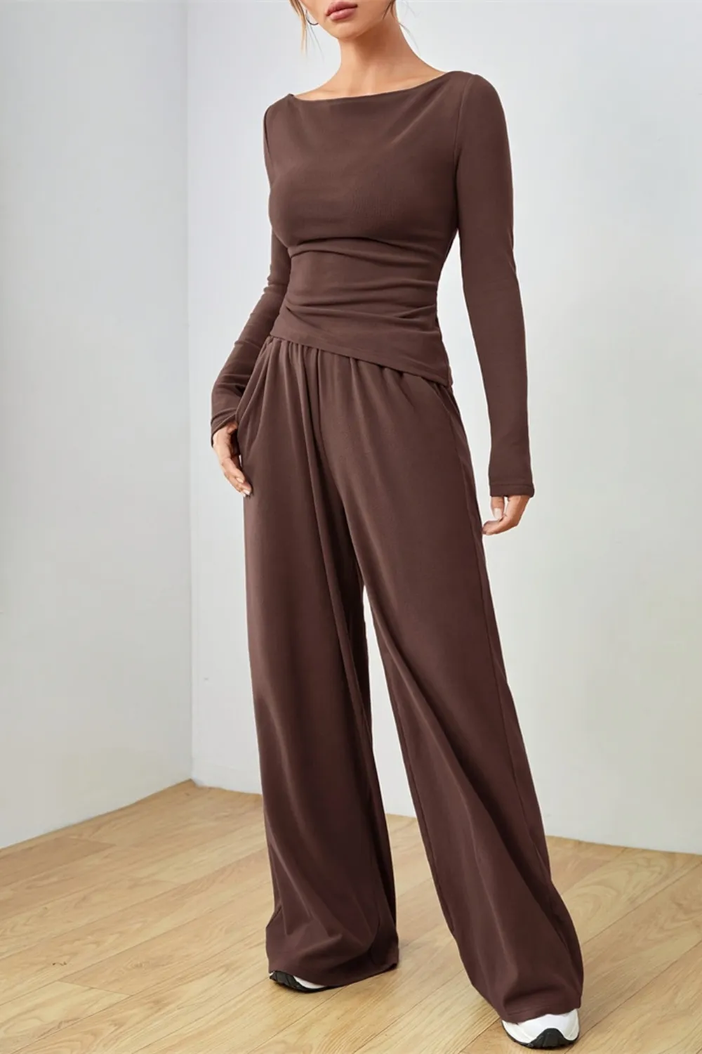 Boat Neck Long Sleeve Top and Pants Set, image 9