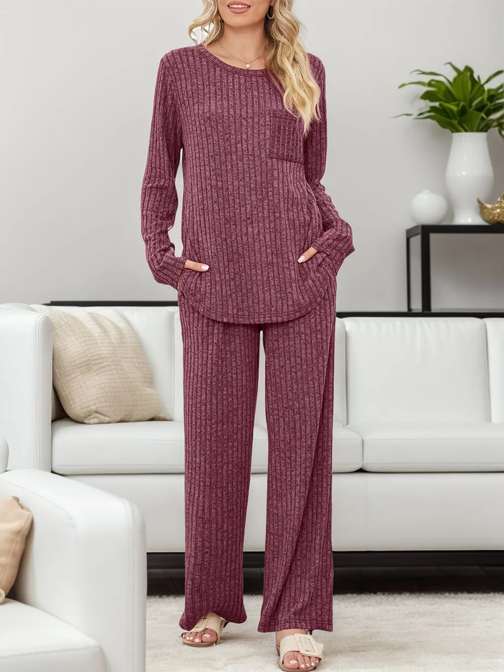 Round Neck Long Sleeve Top and Pants Set, image 35