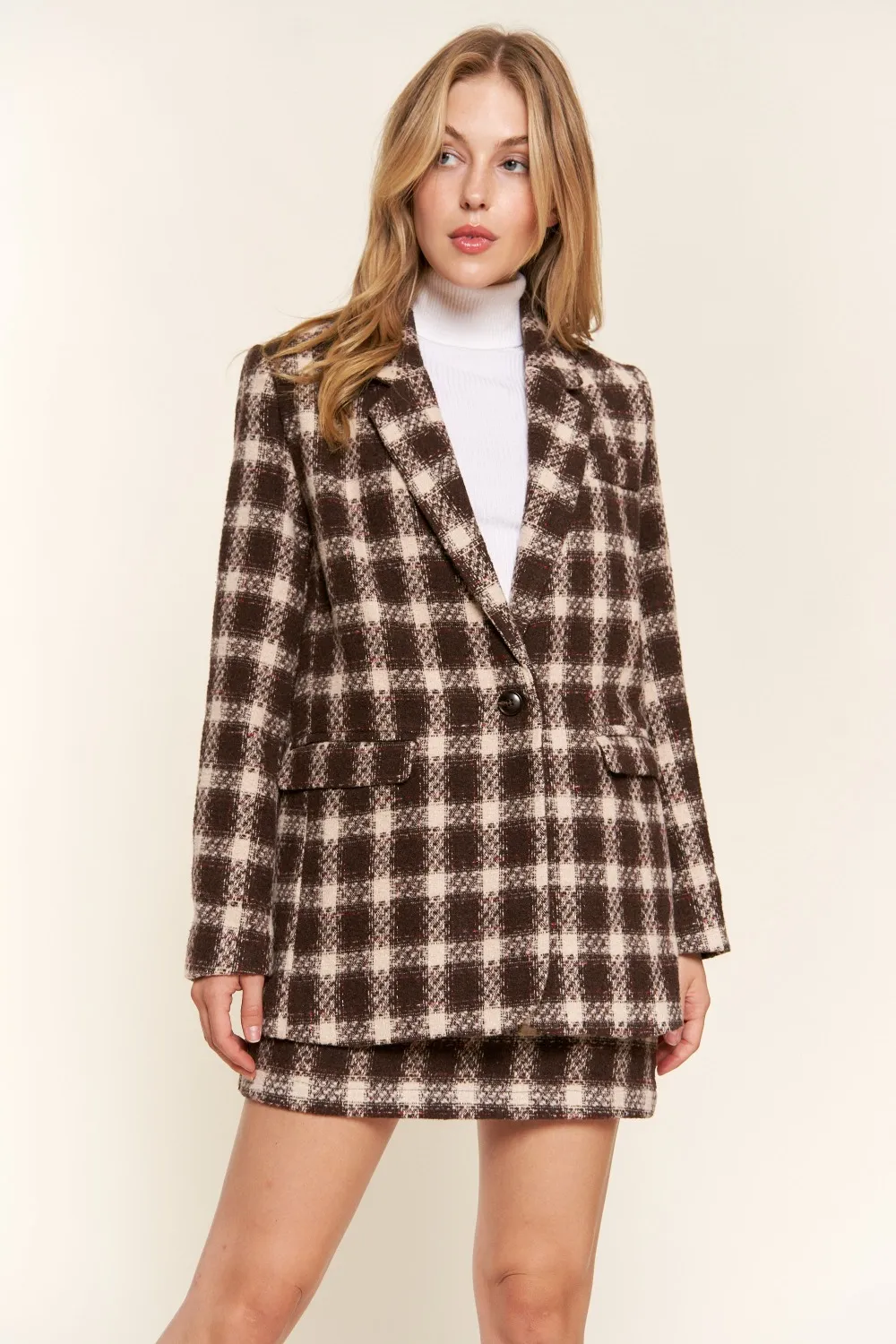 Full Size Plaid Brushed One Button Blazer, image 3