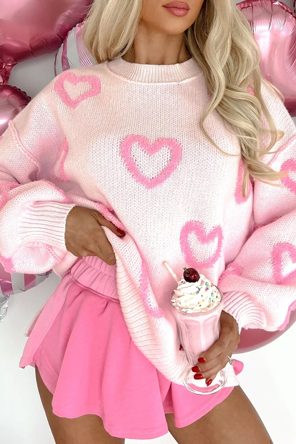 Heart Shape Bubble Sleeve Baggy Sweater, image 8