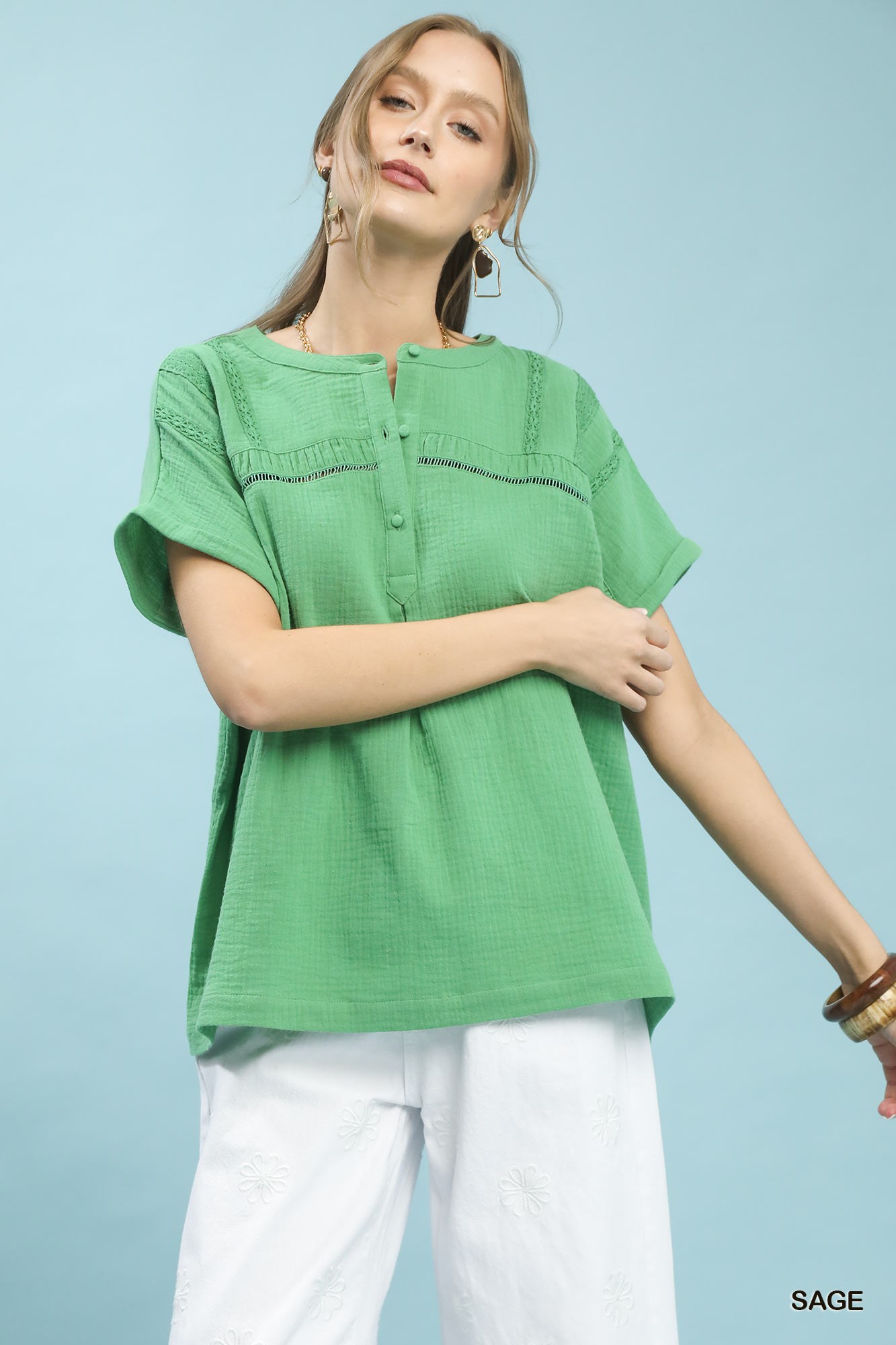 Textured Gauze Split-Neck Boho Blouse