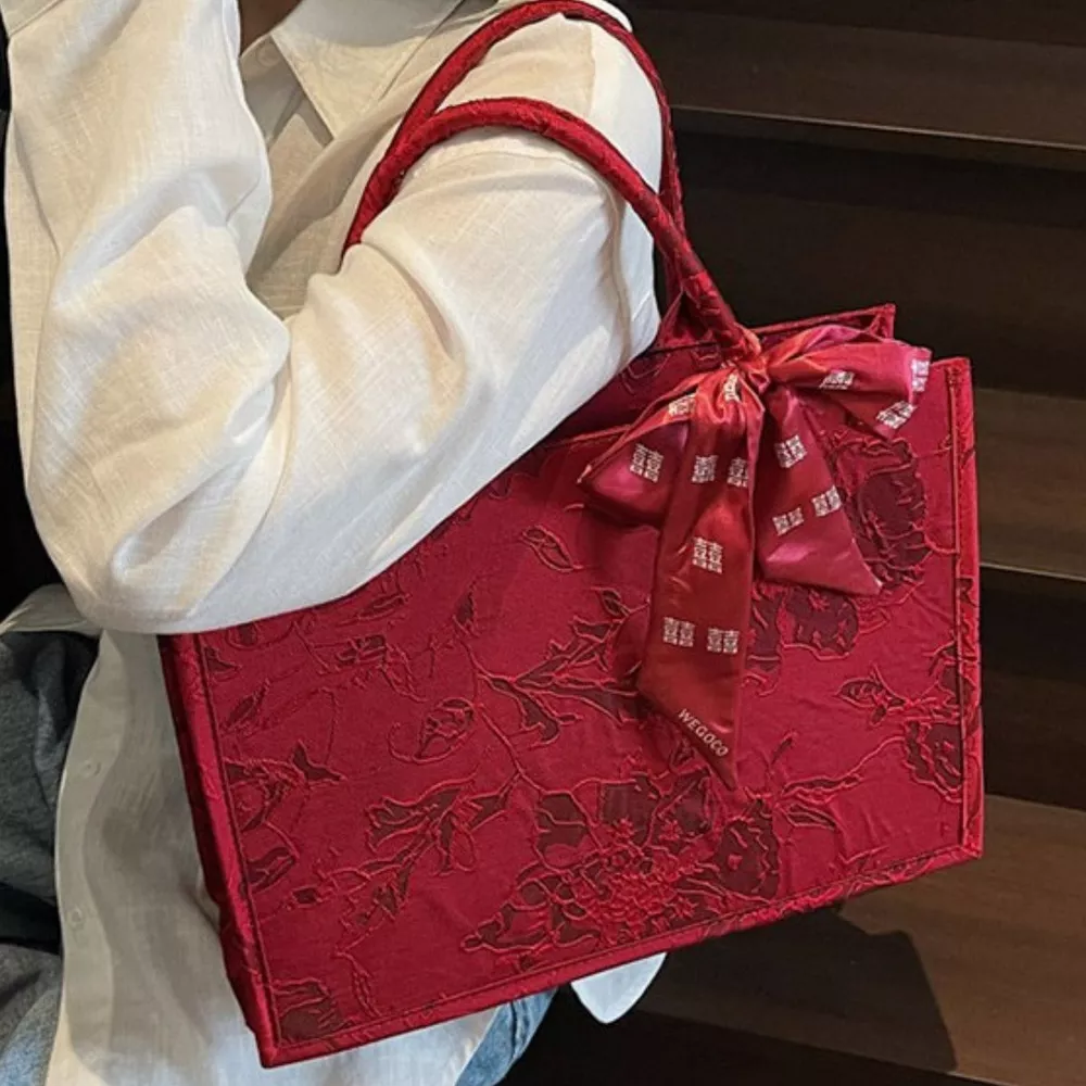 Floral Embossed Tote Handbag with Scarf Accent, image 5