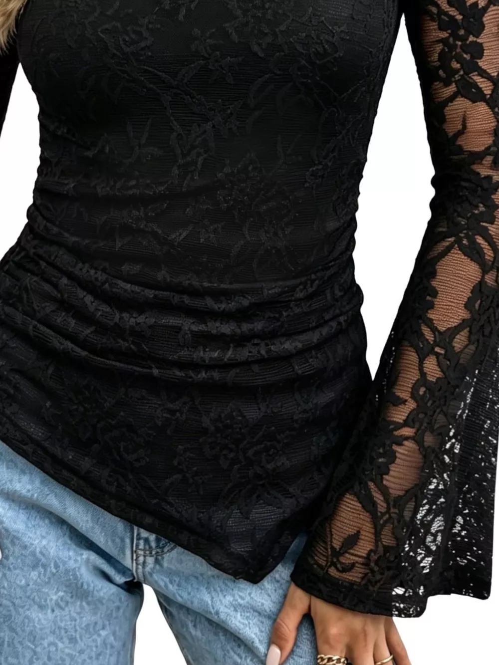 Floral Lace Long Sleeve Blouse with Flared Cuffs, image 3