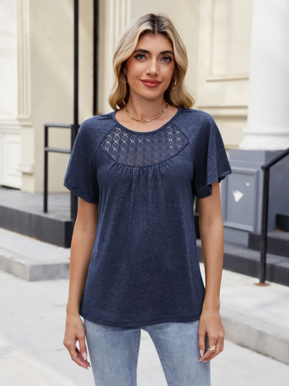 Lace Detail Round Neck Short Sleeve Blouse, image 20