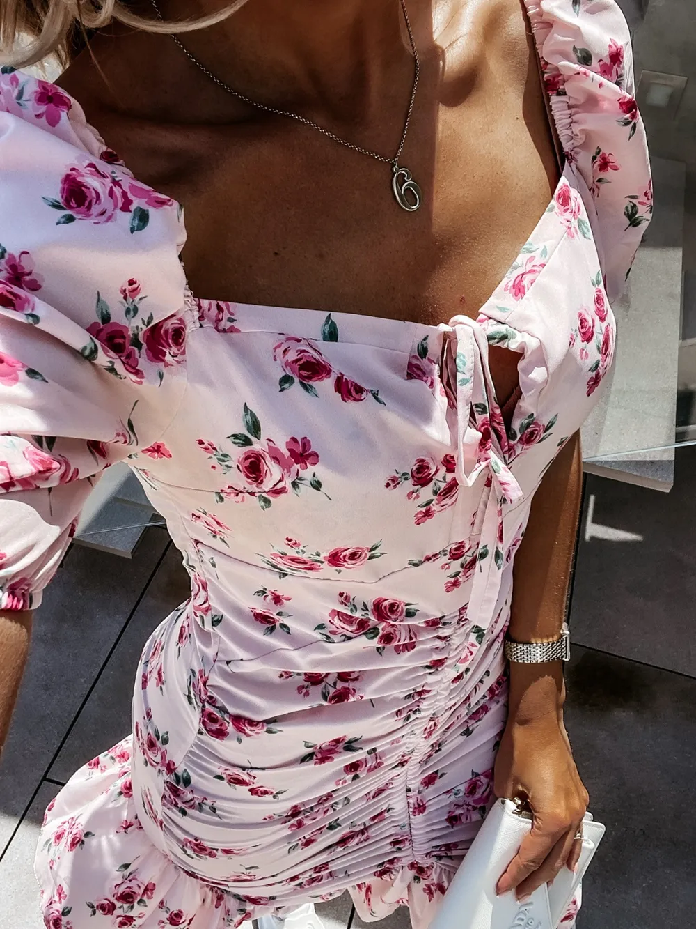 Ruched Floral Sweetheart Neck Mini Dress, image 4
