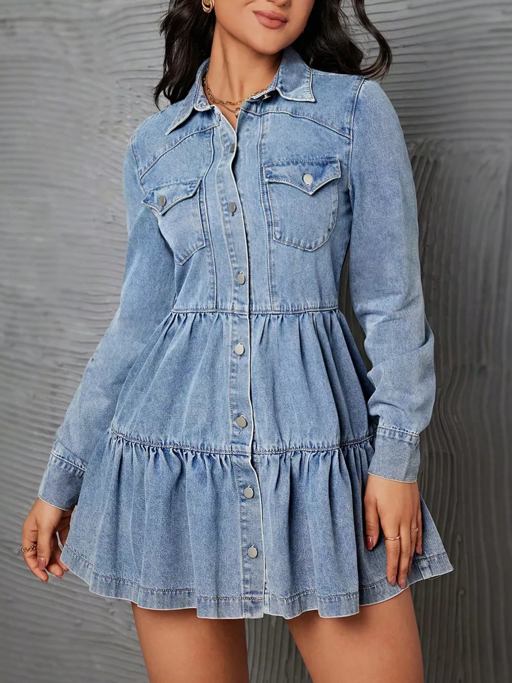 Button-Front Tiered Ruffle Denim Dress