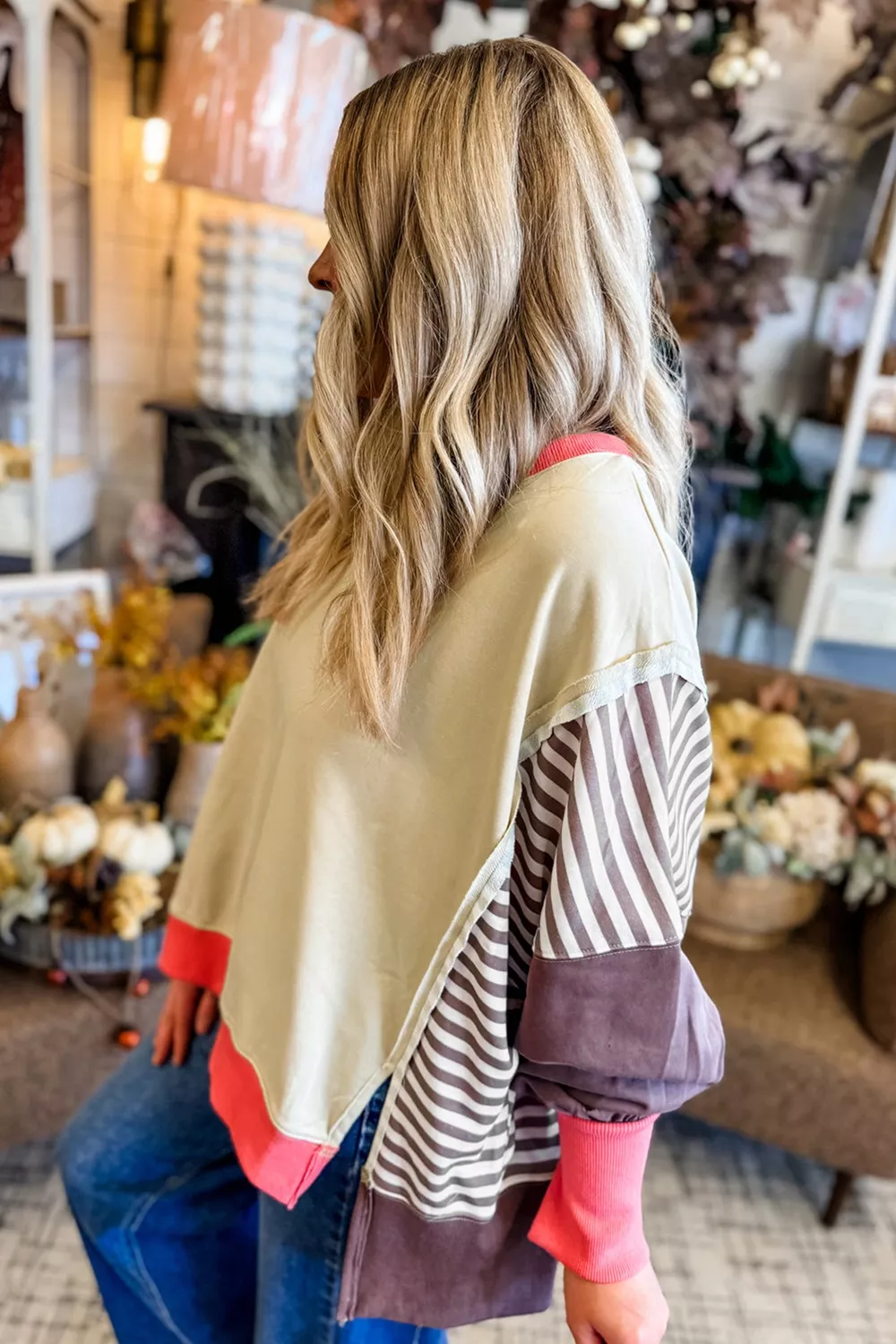 Color Block Striped Patchwork Dolman Slit Sweatshirt, image 10