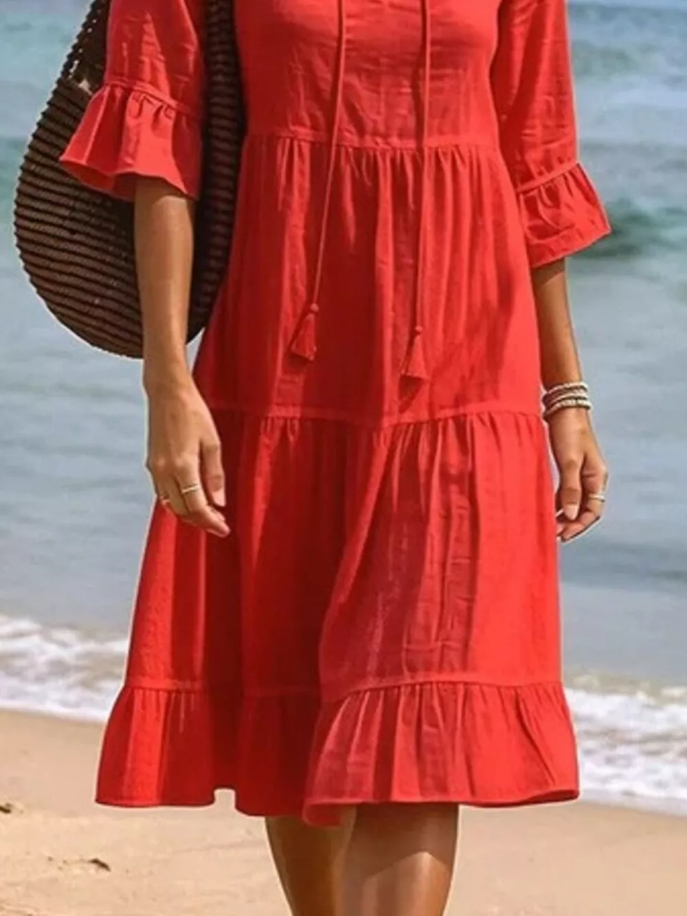 Full Size Tiered Tie Neck Flounce Sleeve Dress Plus Size, image 5