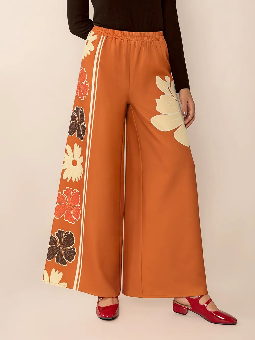 Printed Elastic Waist Wide Leg Pants, image 7