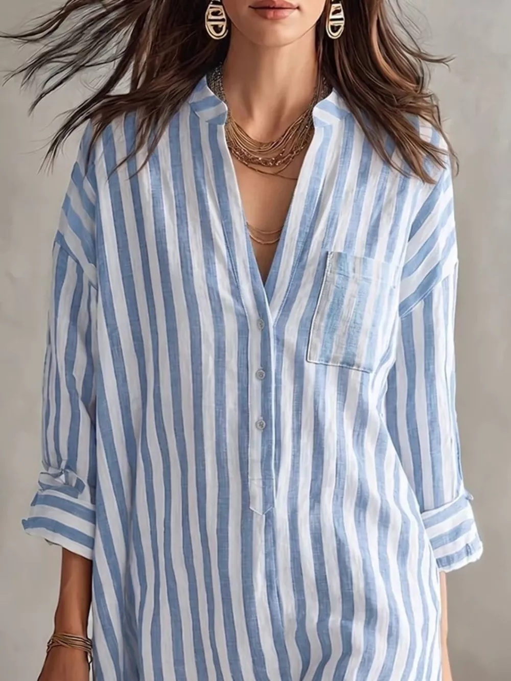 Full Size Striped 3/4 Sleeve Shirt Dress Plus Size, image 2