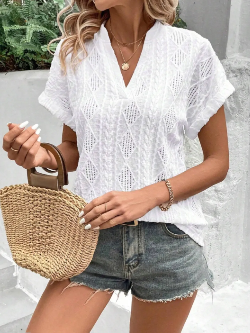 Openwork Notched Short Sleeve Blouse, image 11
