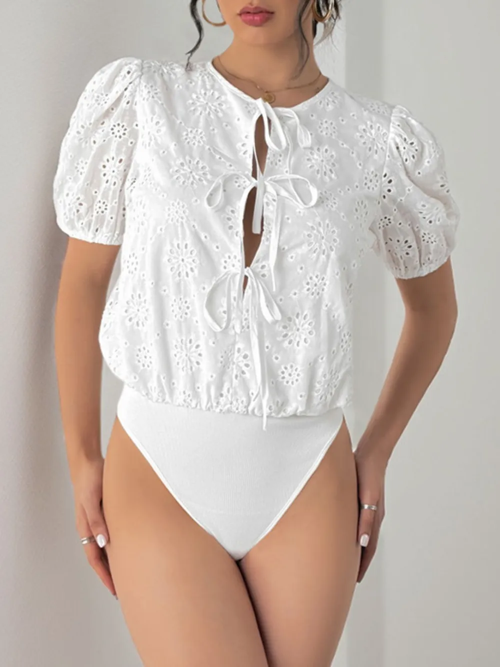 Tied Eyelet Short Sleeve Bodysuit, image 4