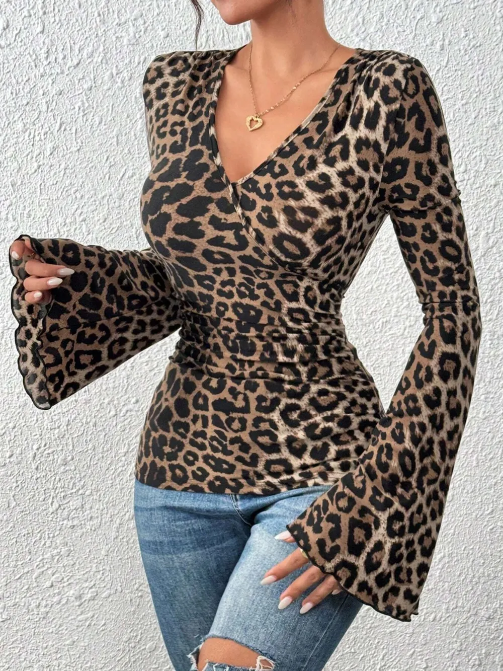 Leopard Surplice Flare Sleeve Top, image 6