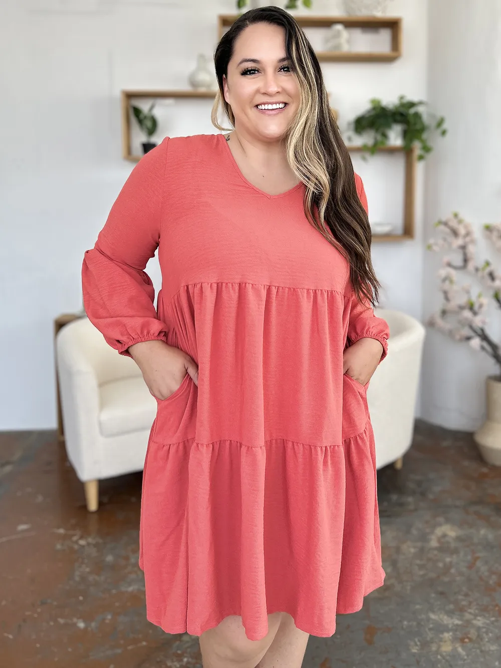 Full Size V-Neck Balloon Sleeve Tiered Dress with Pockets, image 19