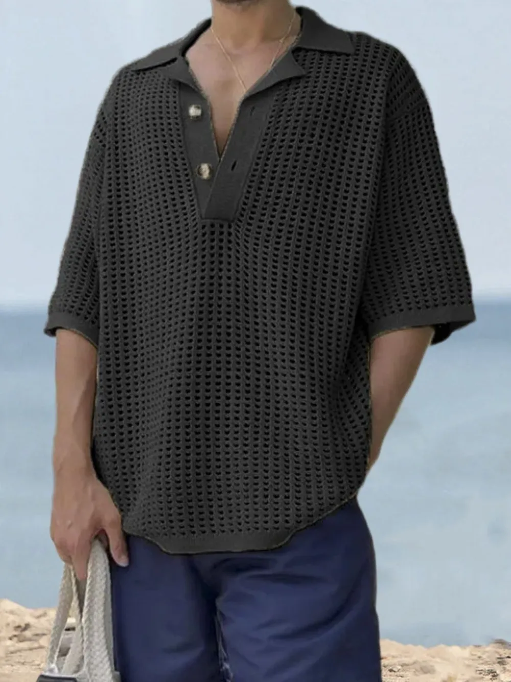 Men's Plus Size Openwork Collared Neck Quarter Button Knit Polo, image 5