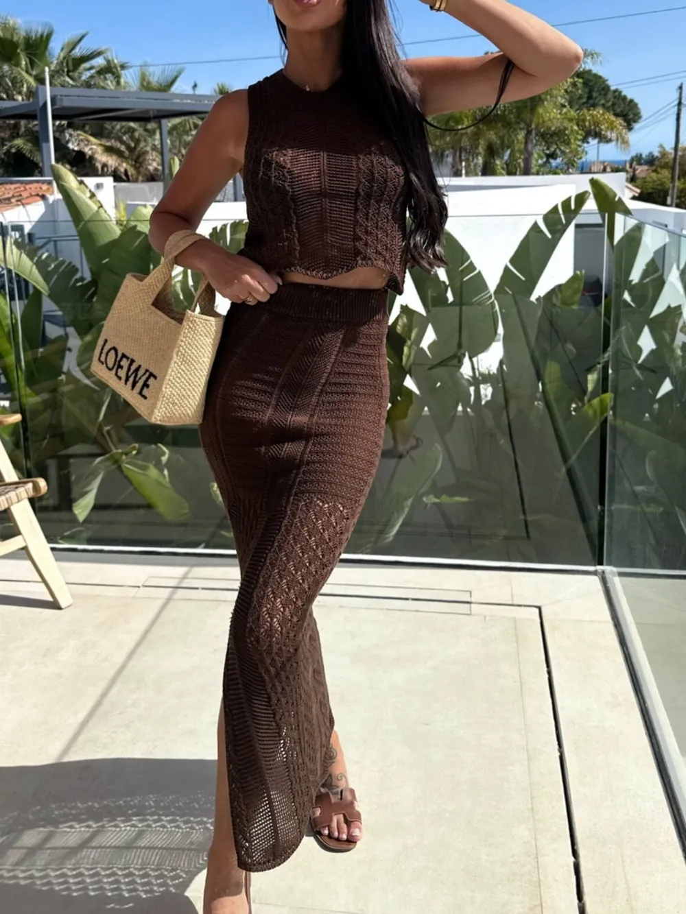Openwork Round Neck Top and Slit Skirt Sweater Set, image 10