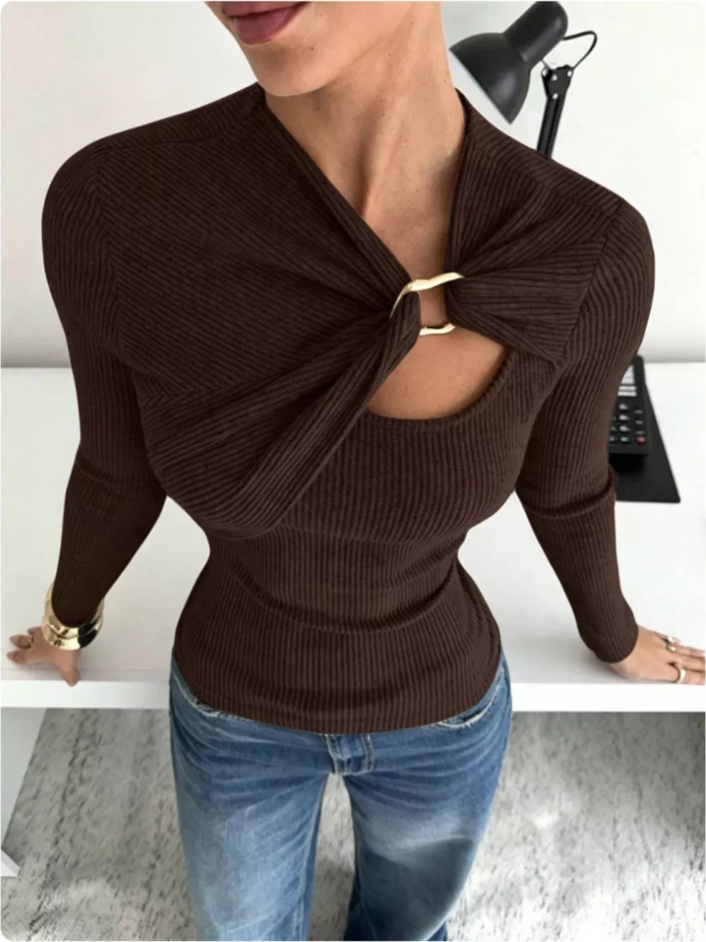 Ribbed Knit Long Sleeve T-Shirt with Metal Ring Cutout Detail, image 2