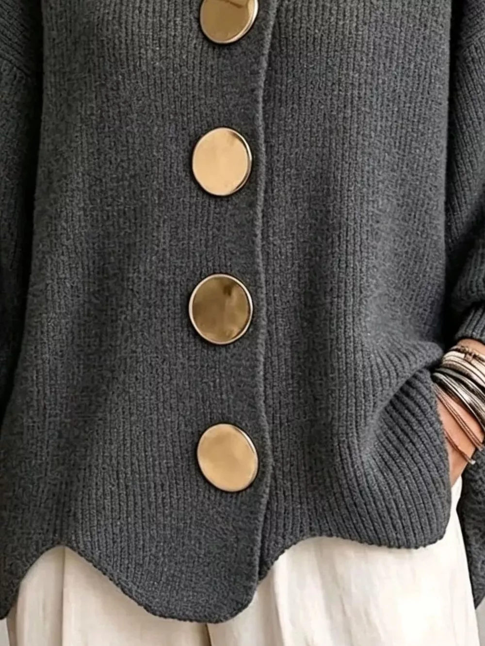 Full Size Gold Buttons Lantern Sleeve Cardigan Plus Size, image 18
