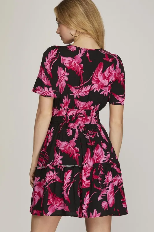 Full Size Printed Notched Short Sleeve Frill Tiered Dress Plus Size, image 2