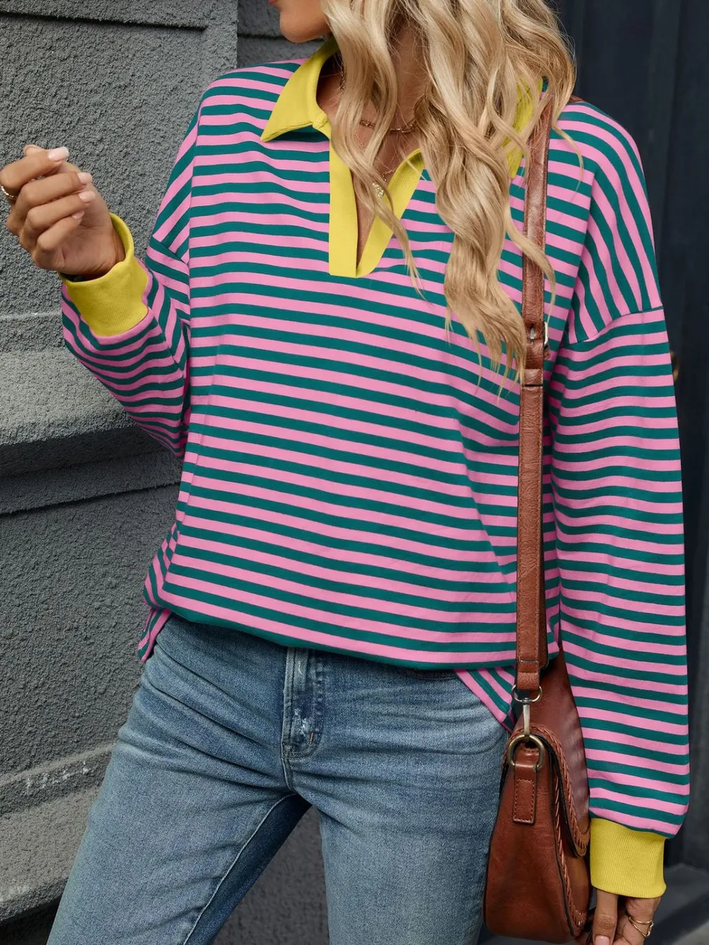 Striped Johnny Collar Long Sleeve Sweatshirt, image 15